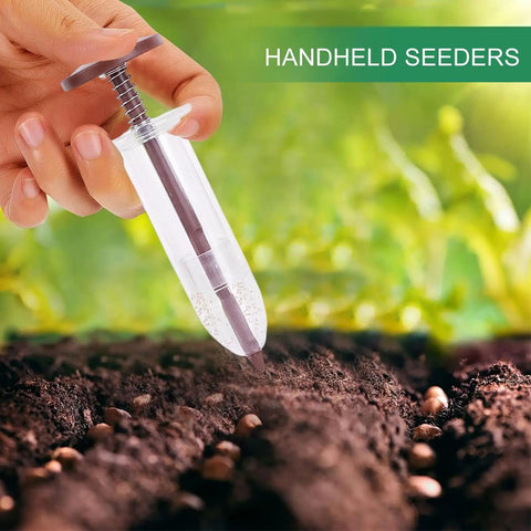 Portable Handy Ergonomic Seed Spreader And Seeder Tool For Lawn And Garden in action over soil and seedlings