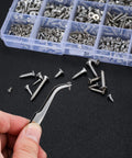 595 Pcs Self Tapping Screws Assortment Kit With Flat Head Phillips Drive For Wood And Metal, M2 M3 M4 Stainless Steel Screws displayed in a box