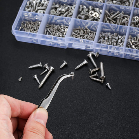 595 Pcs Self Tapping Screws Assortment Kit With Flat Head Phillips Drive For Wood And Metal, M2 M3 M4 Stainless Steel Screws displayed in a box