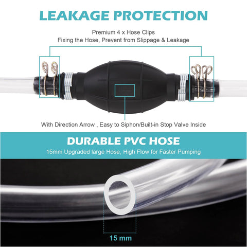 Gas siphon hose pump with two clear PVC hoses, black inline stop-valve, manual hand pump