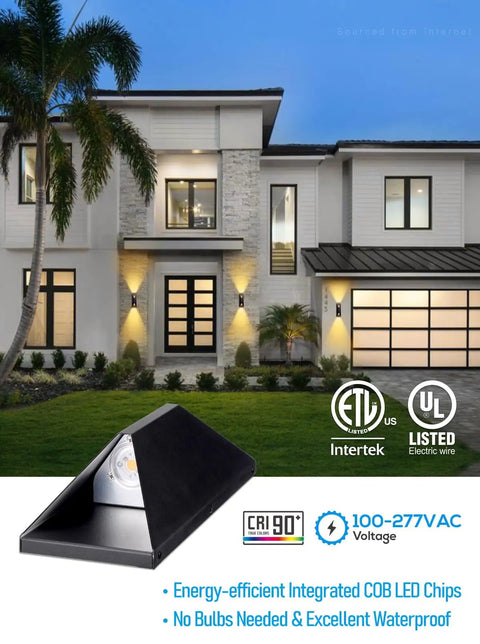 Modern house with Up And Down Dimmable LED Wall Light For Outdoor Use 100-277V IP65 Waterproof 14 Inch, night view, CRI 90 Plus.
