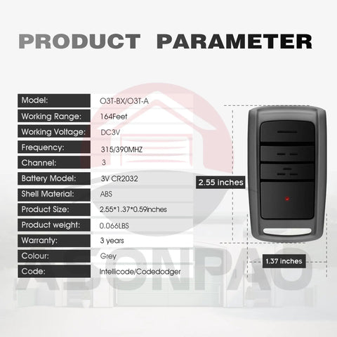 Two Pack Replacement Remote For Overhead Door Garage Door Opener O3T BX O3T A product specifications and remote image