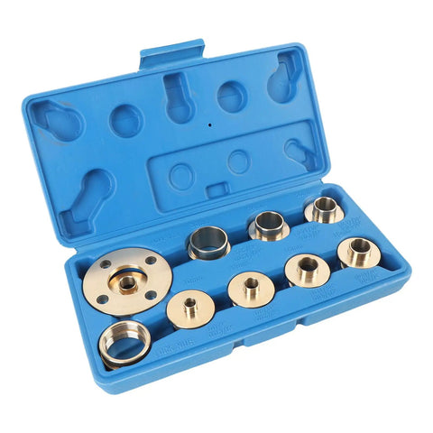 Heavy Duty Brass Router Guide Kit With 11 Piece Template Set For Woodworkers Expecting Top Shelf Precision And Cool Running Performance On Any Workshop Project Today, showing brass bushings in blue case.