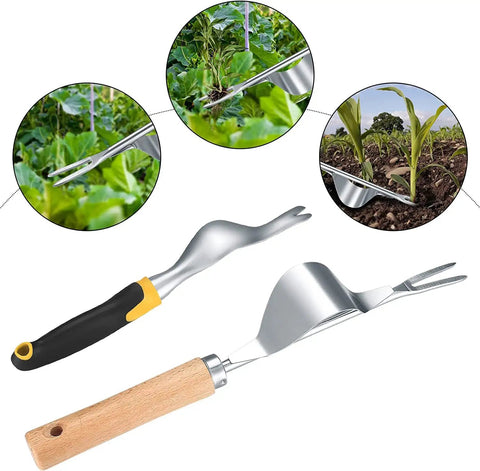 Twin Pack Hand Weeder Tools Kit With V-Shaped Forks Stainless Steel Manual Weed Puller Set, wood and ergonomic handles shown in use