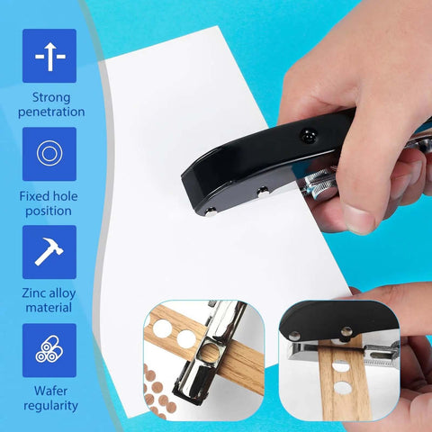 Close-up of 8mm Heavy Duty Hole Punch Tool For Paper And Card Projects, showing handheld use and clean hole punch in white paper.