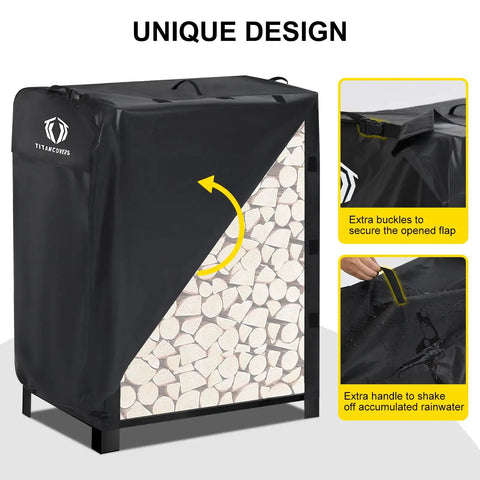 4Ft Firewood Rack Cover Made With 600D Heavy Duty Oxford shown with design features of buckled flap and rain handle