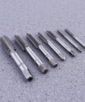 7 Piece Steel Screw Tap Set For Metalworking And DIY Projects, Heavy Duty HSS taps arranged on a gray surface