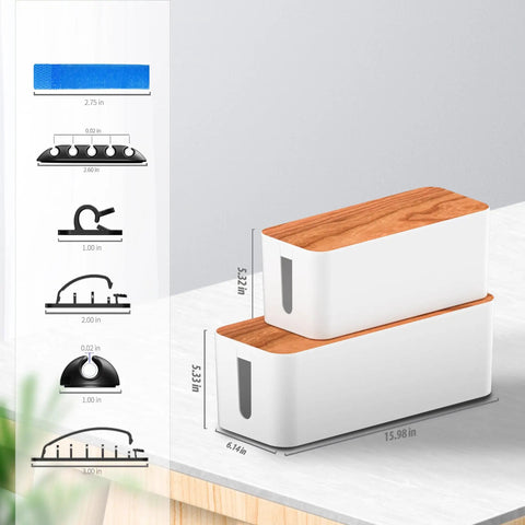 Two Pack Wooden Style Cable Organizer Boxes With Sixteen Cable Clips Large Medium And Small To Hide Wires And Power Strips