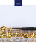 Top Shelf 70 Piece Gold Screwback Spike Studs Set Zinc Alloy assorted shapes in a clear storage box with tools for leather work.