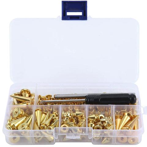 Top Shelf 70 Piece Gold Screwback Spike Studs Set Zinc Alloy assorted shapes in a clear storage box with tools for leather work.