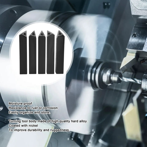 5-piece carbide turning tool set, front view with 3/4 in shanks and indexable inserts; includes wrench and screws.