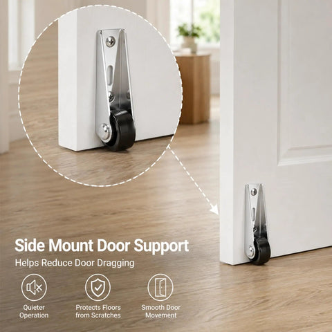 Quickest Sagging Door Fix Smooth Glide Upgrade For Heavy Drawers And Sliding Gates Rock Solid Silver Side Mount Non Swivel Low Profile Caster Wheels With Complete Hardware Set installed on a door.