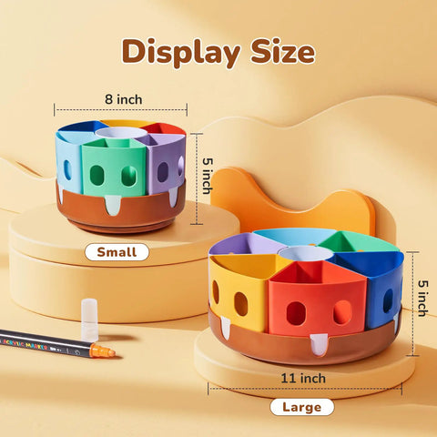 Small and large Rotating Art Supply Storage Organizer With 360 Degree Spin Base Kid Friendly Craft Caddy on beige podium