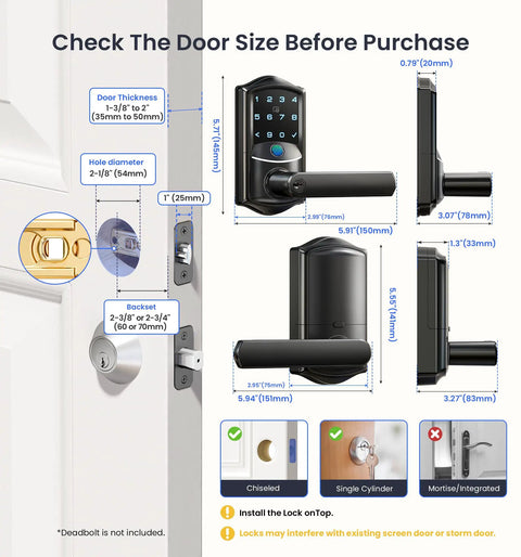 Secure Your Front Door Today With This Plug And Play Wifi Smart Lever Deadbolt That Needs Absolutely No Hub And Delivers Blazing Fast Fingerprint Entry Alongside Full Remote App Control Matte Black dimensions illustration for installation.