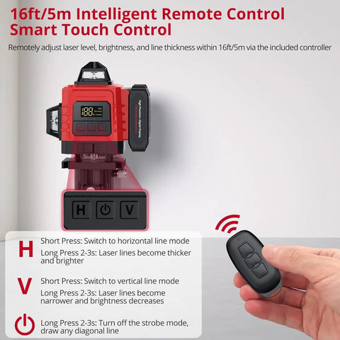 16 Line Green Laser Level With 4x360 Degree Coverage Self Leveling Remote Control Class 2 Less Than 1mW Power Output 98 Feet Range Ideal For Construction Indoor Renovation DIY Projects, remote in hand
