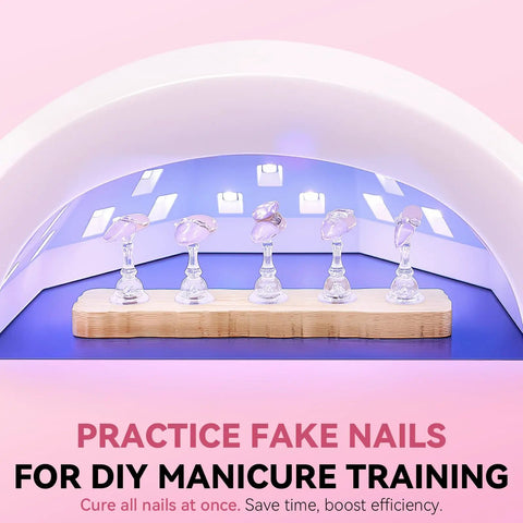 Two Pack Magnetic Nail Practice Stands With Heart Acrylic Holder For Press On Nails Art Display Fake Nail Tips Holder Racks Includes 200 Double Sided Tape Strips DIY Nail Kit For Home Salon showcasing practice setup under UV lamp