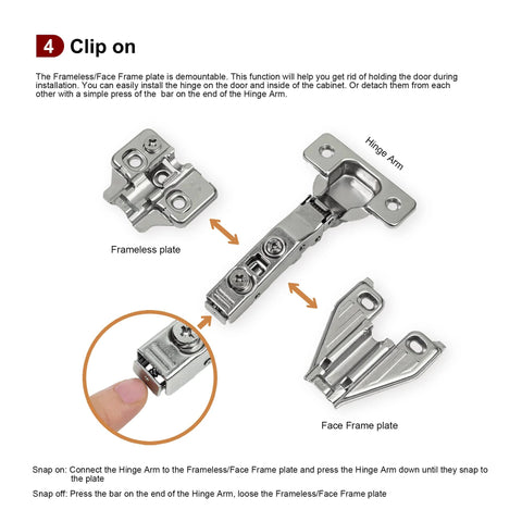 2 Pack Full Overlay Cabinet Hinges Clip On Soft Close Concealed European Hinges For Your Kitchen Cabinets With 105 Degree Opening And 3 Way Adjustable 35mm Cup Fits 14-22mm Door Thickness Nickel Plated Silver shown with frameless plate and hinge arm