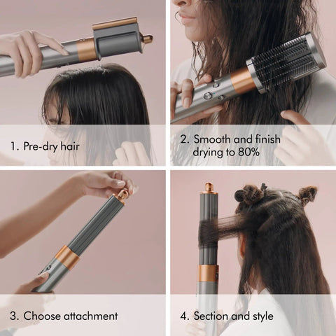 Steps for using Airwrap Multi-Styler All-In-One Long Straight to Wavy Hair No Heat Damage 6-In-1 Versatility With Coanda Airflow Styling.