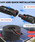 Premium Ten Foot Ten AWG Solar Extension Cable With IP68 Connectors infographic showing male and female plug installation