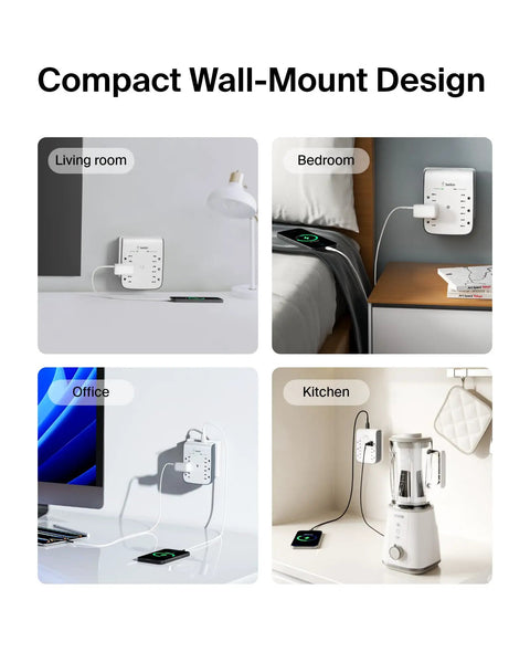 6 Outlet Wall Surge Protector With 2 USB A Ports, Wall Mountable Power Hub For Home Office Travel in various rooms.