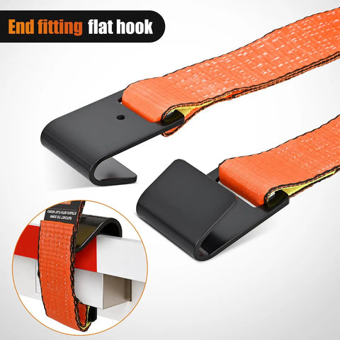 Built Tough 2 Inch By 30 Foot Flat Hook Ratchet Straps 10 Pack orange flat hooks designed for heavy duty cargo tie downs.