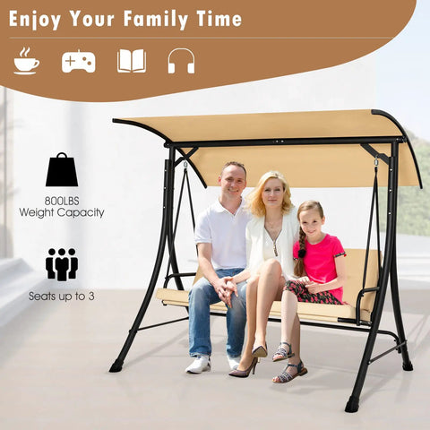 Family sitting on Three Person Porch Swing With Removable Cushions, Solid Steel Frame, Outdoor Patio Swing With Adjustable Canopy