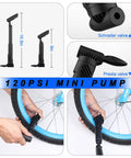 120 PSI mini pump from All In One Bicycle Tire Repair Kit with Portable Pump Patch Kit Levers Wrench Chain Tool and 16 In 1 Multi Tool
