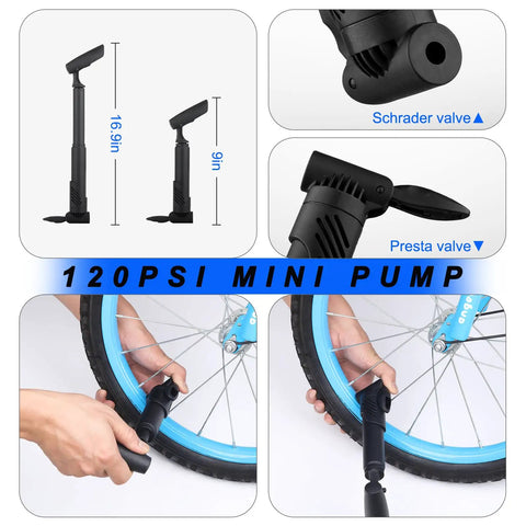 120 PSI mini pump from All In One Bicycle Tire Repair Kit with Portable Pump Patch Kit Levers Wrench Chain Tool and 16 In 1 Multi Tool