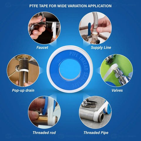 Leak Proof PTFE Thread Seal Tape Set Three Quarters Inch By Five Hundred Twenty Inches Ten Rolls High Density Plumbing Tape For Shower Heads Faucets Pipes And Gas Lines Water Sealant.