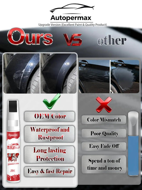 Comparison of Autopermax touch up paint showing superior OEM color match and protection against competitors.