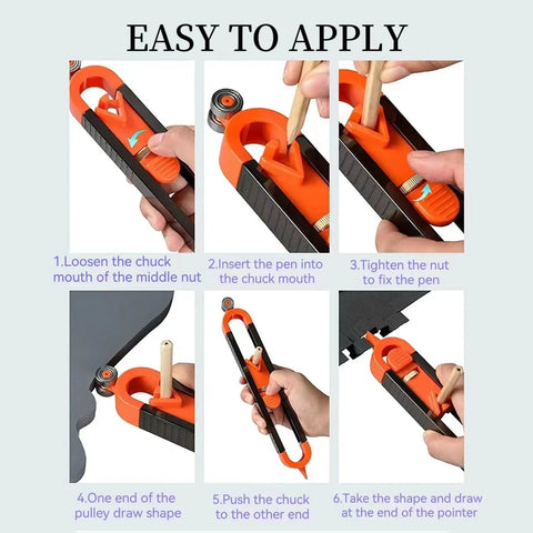 Slick Contour Gauge Scribe Tool With Lock for Woodworking Profile Copying Ruler being demonstrated with step-by-step instructions.