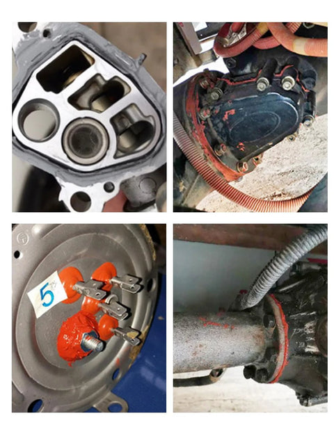 Visbella black high-temperature RTV gasket maker, 3.7 oz; automotive engine sealant collage showing gaskets, bolts and covers.