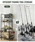 Garage Fishing Rod Storage Rack With Pegboard Hooks Three Tier Anti Drop Design Up To Ten Rods Lockable Wheels No Fuss Heavy Duty Tackle Gear Organizer Ideal For Tackle Storage And Organization Of Baits Reels And Accessories, shown with organized fishing gear and rods in a garage setting.