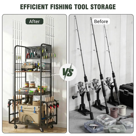 Garage Fishing Rod Storage Rack With Pegboard Hooks Three Tier Anti Drop Design Up To Ten Rods Lockable Wheels No Fuss Heavy Duty Tackle Gear Organizer Ideal For Tackle Storage And Organization Of Baits Reels And Accessories, shown with organized fishing gear and rods in a garage setting.
