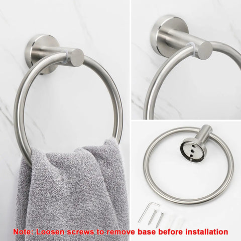 2 Pack Brushed Nickel Bathroom Towel Ring Set, Rustproof 304 Stainless Steel Wall Mounted Round Towel Hanger with towel and parts
