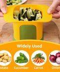 Front view of HONSNKS yellow handheld vegetable chopper with green base and cucumber pieces in the hopper