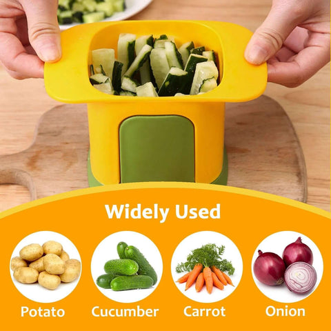 Front view of HONSNKS yellow handheld vegetable chopper with green base and cucumber pieces in the hopper
