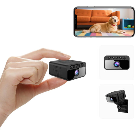 4K Hidden Indoor WiFi Mini Spy Camera With Cloud Storage held in hand, showing size, phone display of camera view, night vision feature