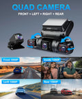 360 Degree Four Channel Dash Cam With Front Rear Left And Right Cameras For All Around Coverage Car Dash Camera With GPS WiFi Night Vision 24 Seven Parking Mode 1080P Recording 128GB Card Included, showing quad camera setup with sample video footage.