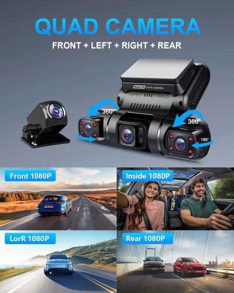 360 Degree Four Channel Dash Cam With Front Rear Left And Right Cameras For All Around Coverage Car Dash Camera With GPS WiFi Night Vision 24 Seven Parking Mode 1080P Recording 128GB Card Included, showing quad camera setup with sample video footage.