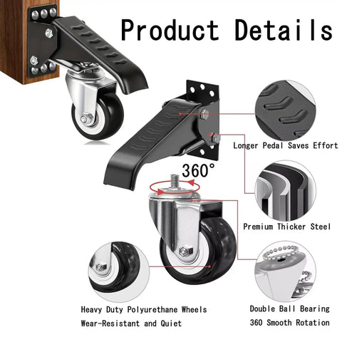 Heavy Duty Retractable Workbench Casters Kit Straight Up 300Kg Capacity showing 360° swivel mechanism with black pedal and PU wheels.