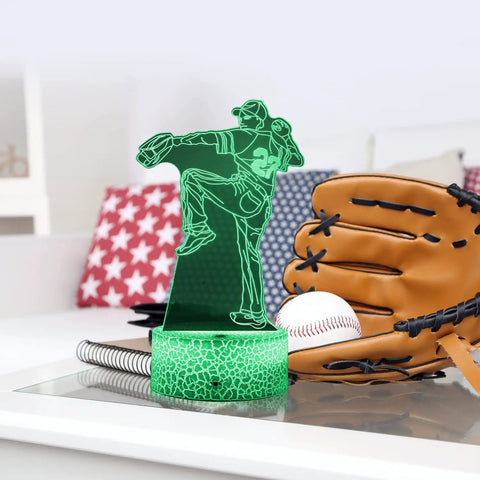 Baseball 3D Illusion Night Light With Remote Timer 7 Color Changing LED Baseball Lamp on table with glove and ball