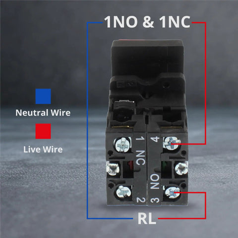 Back view of double head push button with signal lamp, showing 1NO 1NC contacts, 660V wiring connections for industrial panel mounts.