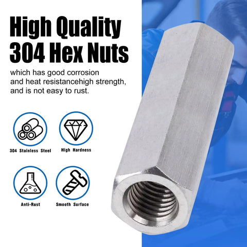 Heavy Duty 304 Stainless Steel M8 X 1.25 Pitch Metric Hex Coupling Nuts 24 Millimeter Long Threaded Barrel Connectors.