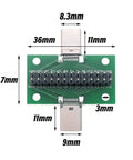 USB C Breakout Test Board 2 Pack Solderless Pins 24 Pin 2.54mm Double Sided Socket With Pin Header Connector dimensions