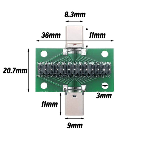 USB C Breakout Test Board 2 Pack Solderless Pins 24 Pin 2.54mm Double Sided Socket With Pin Header Connector dimensions