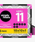 10x10x1 MERV 11 air filter pack showing allergen symbols and pink packaging for cleaner air quality