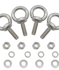 M10 Eye Bolts With Nuts Washers And Spring Washers Stainless Steel Shoulder Ring Threaded Eye Bolts 0.98 Inch Thread Length Lifting Hardware Pack Of 4 For Secure Hookups And Fixed Connections, shown with accessories