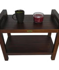 Teak Shower Bench With Shelf And LiftAide Arms For Safe Shower Mobility Adjustable Foot Pads Durable Solid Teak Bath Bathroom Bench With Drainage Slats Brown