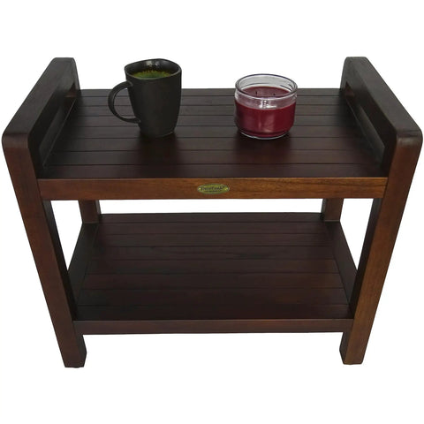 Teak Shower Bench With Shelf And LiftAide Arms For Safe Shower Mobility Adjustable Foot Pads Durable Solid Teak Bath Bathroom Bench With Drainage Slats Brown